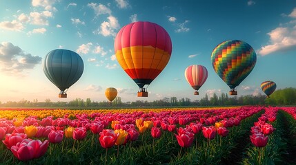 Fototapeta premium Colorful hot air balloons soar over a vibrant tulip field under a bright blue sky
