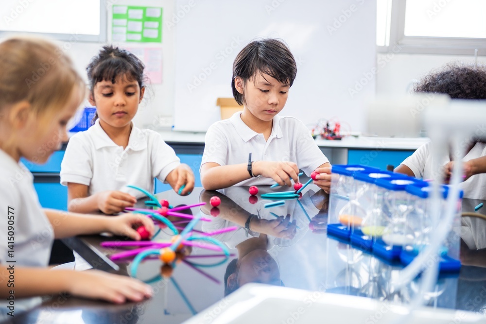 Aufkleber Children in a classroom engaged in a science activity. Kids explore science with colorful materials. Classroom learning with young students and science tools. Children learning in science class.