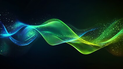 Background with glowing light blue and green lines, particles of data flowing in the air.