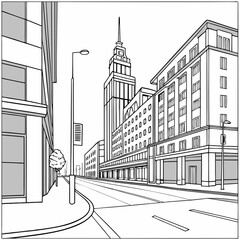 Monochrome Cityscape Illustration Featuring Modern Architecture And Urban Street View