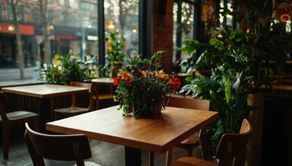 Cozy cafe interior with plants and flowers