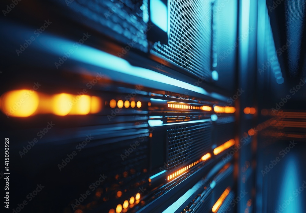 Poster close-up view of glowing orange and blue led server panels in a dim high-tech room, perfect for cybe