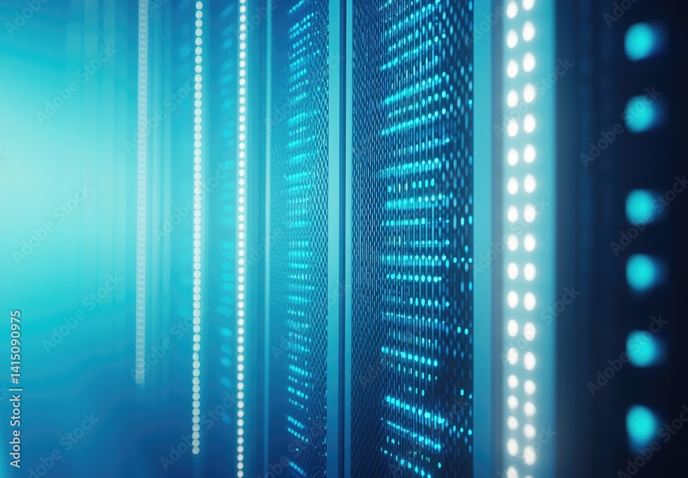 Poster Bright blue server panels with vertical LED light arrays in a clean data room, ideal for cloud technology, digital infrastructure, and futuristic IT designs