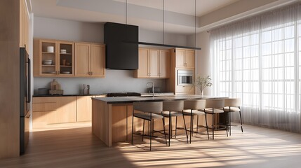 Japandi-style open kitchen with wood cabinets, matte black fixtures, and a central island.