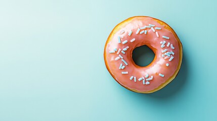 Pink donut with blue sprinkles on top. The donut is sitting on a blue background