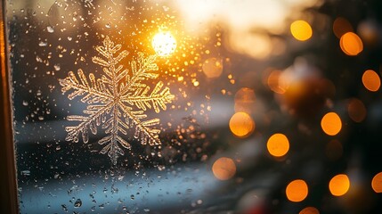 Frosty snowflake patterns on a window framing a festive Christmas tree
