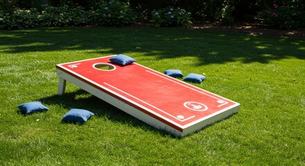 Backyard Cornhole Game Fun - Red and white cornhole board game set up on a grassy lawn, with bean bags scattered nearby. Perfect for outdoor entertainment