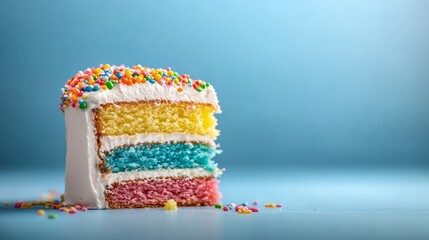 Slice of cake with colorful sprinkles on top. The cake is cut into three pieces, with the middle piece being the largest. The cake is placed on a blue surface