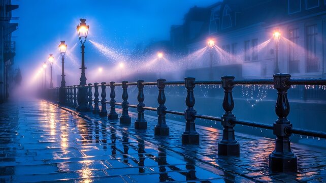 A misty, blue evening illuminates a cobblestone path lined with glowing street lamps and an ornate wrought iron railing along a waterway.