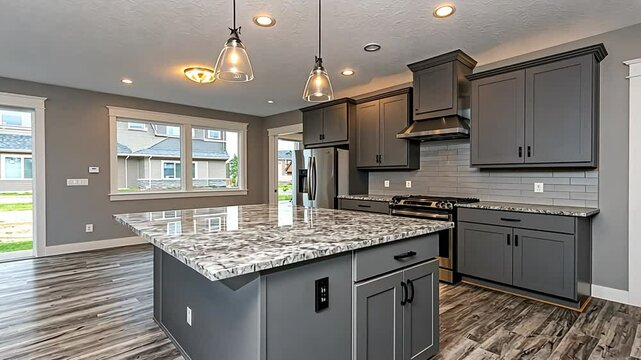 Modern gray kitchen with island, cabinets, and stainless steel appliances