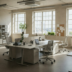 Fototapeta premium Modern Industrial Office Interior with Natural Light and Greenery 