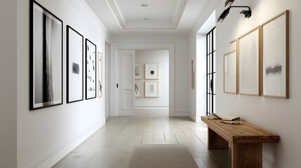 hallway gallery wall with minimalist art, wooden bench, and recessed lighting