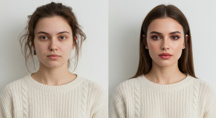 Fototapeta premium Makeup Transformation: From Bare to Beautiful, A Stunning Before & After | Beauty, Cosmetics, Hair, Style, Glamour