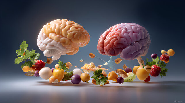 Artistic medical illustration showing aging brain on left and healthy youthful brain on right connected by floating choline rich foods forming DNA helix symbolizing brain longevity
