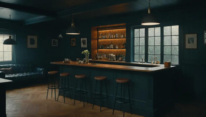 A dimly lit bar area with stools and a couch in a room with a built in bar and dark walls