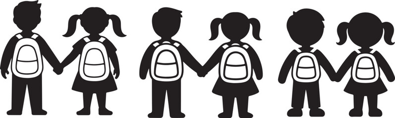  Black silhouettes of children holding hands, wearing backpacks. Ideal for educational, friendship, and school-themed designs symbolizing unity, cooperation, and student life.