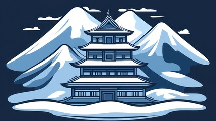 Winter Asian temple, snow-capped mountains