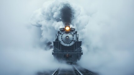 A classic steam locomotive emerges from swirling fog during early morning hours, its bright headlight cutting through the mist as it travels along the tracks