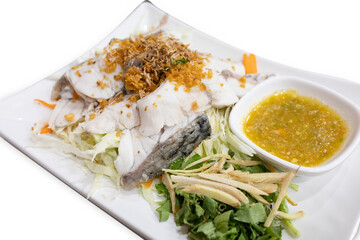 Top view of Steam Red Snapper fillet with seafood spicy dipping , focus selective