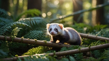 Fototapeta premium Ferret Climbing on Branch in Forest Setting