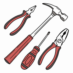 Hand Tools Assortment Hammer Pliers And Screwdriver Isolated On White Background