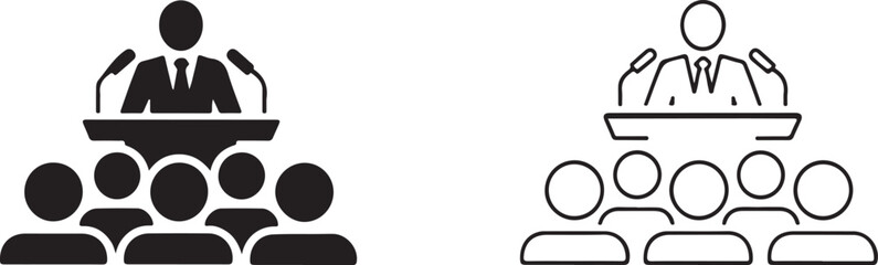  Vector icons showing a speaker at a podium with an audience, representing public speaking, communication, and conference settings. Ideal for business, education, and corporate presentations.