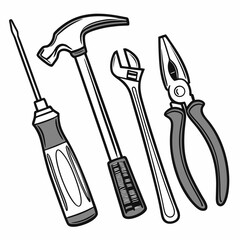 Hand Tools Set Screwdriver Hammer Wrench And Pliers In Black And White