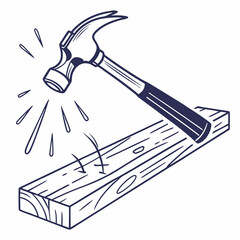 Hand Drawn Hammer Hitting A Nail Into Wood Planks Construction Vector Illustration