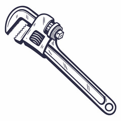 Hand Drawn Adjustable Pipe Wrench Plumber Tool Illustration On White Background