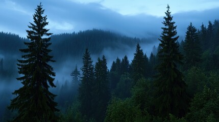 Fototapeta premium Misty fog blankets tall pine trees as twilight descends on a tranquil forest landscape. The atmosphere is peaceful, evoking a sense of calm