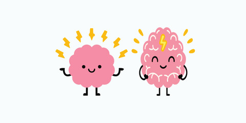 Print  Vector cartoon illustration of cute strong brain and lightning symbol on white color background. 
