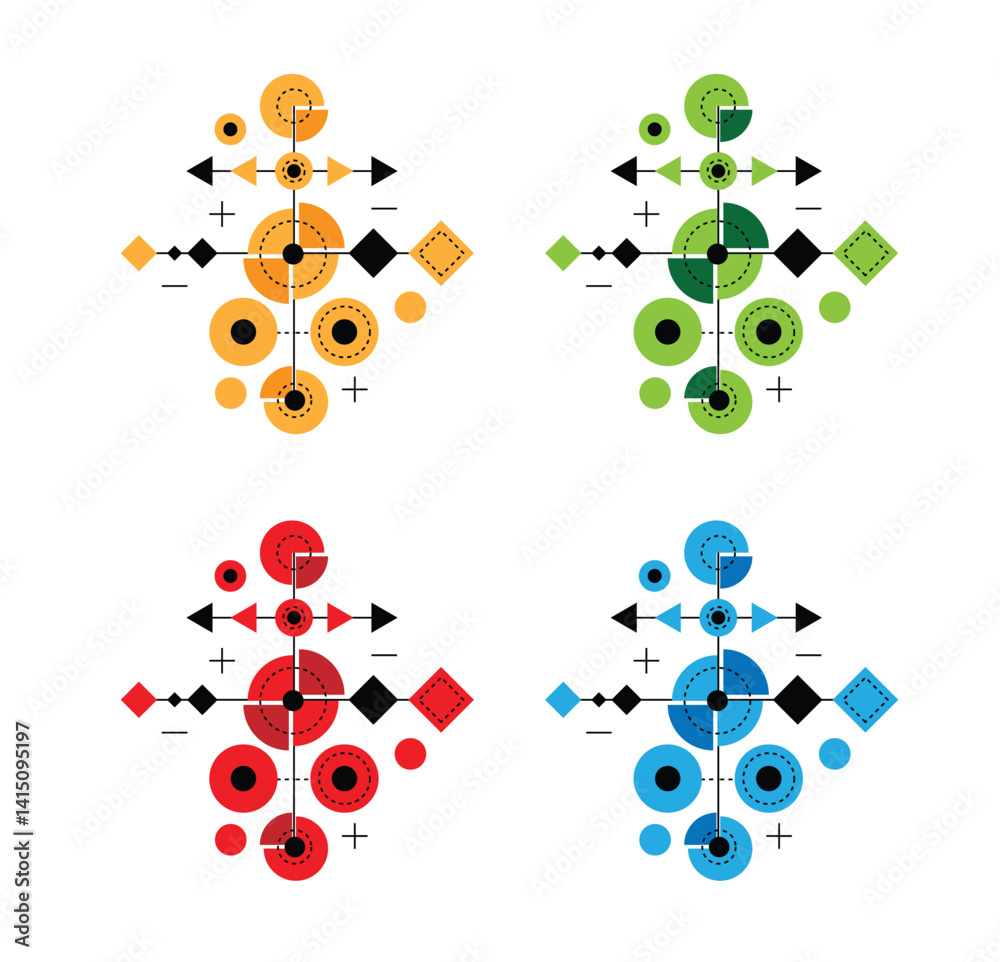 Fototapete Line Art Different Geometric Figures Design Element Various Colors. Graphic design for website and abstract technology vector art
