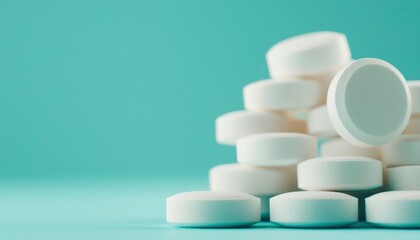 Pile of white pills on teal background