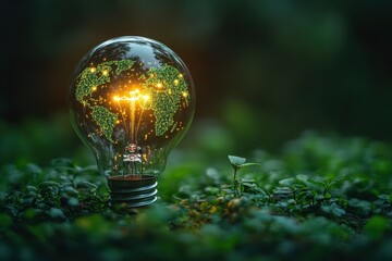 Illuminated globe in a light bulb surrounded by lush green plants