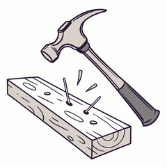 Hammer Hitting Nails Into Wood Board Illustration Carpentry And Construction Tool