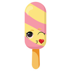 Kissing striped pink and yellow ice cream with winking eye and red heart, isolated on white background, ideal for kids food illustrations