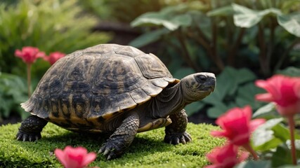 Fototapeta premium Turtle Walking in a Lush Green Garden with Red Flowers