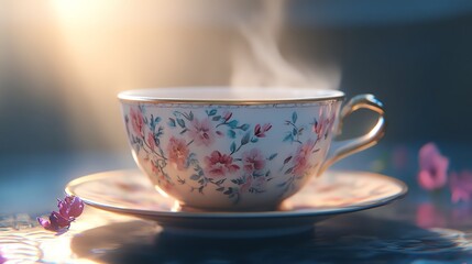 Elegant Floral Tea Cup Steaming on Saucer with Soft Lighting Effect