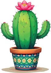 Cute Round Cactus with Orange Flower in Patterned Pot – Vector Illustration for Stickers, Prints, and Decor