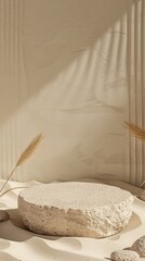 Beige stone pedestal with sunlit shadows and natural elements