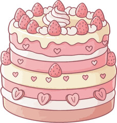Adorable vector illustration of a cute strawberry cake with pink frosting, whipped cream, and smiling kawaii face. Perfect for bakery themes, kids designs, and sweet food lovers.