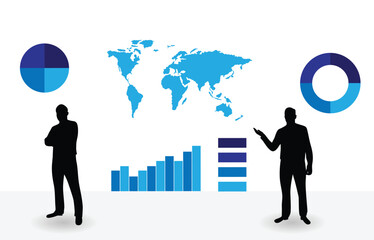Fototapeta premium Silhouettes of Two Business People Showing World Map and Sales Graphs. CEO of a company, managers and white collar workers vector art