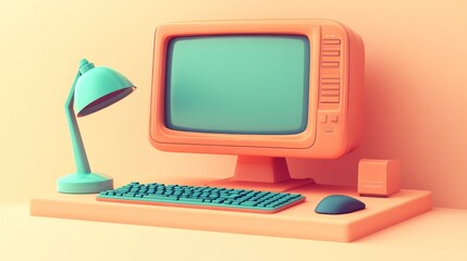 Retro Computer Setup with Vintage Monitor Keyboard Mouse and Desk Lamp for Nostalgic Tech Th
