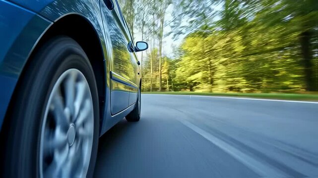 Blue car driving on asphalt road through a forest video footage. Vehicle wheel in motion on highway clip. Summer travel and transport background motion picture.