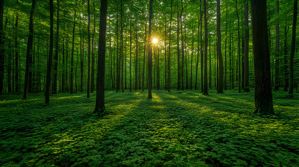 Fototapeta premium Sunlight filters through tall trees in a dense forest illuminating the lush green ground cover Verdant and serene land