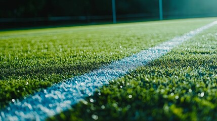 Close-up of a vibrant artificial turf field's dividing line.