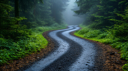 Fototapeta premium Winding road through a lush green forest vanishing into misty depths Dense trees surround the path