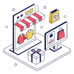 Isometric Illustration Of Online Shopping And Retail Experience With Gift Box