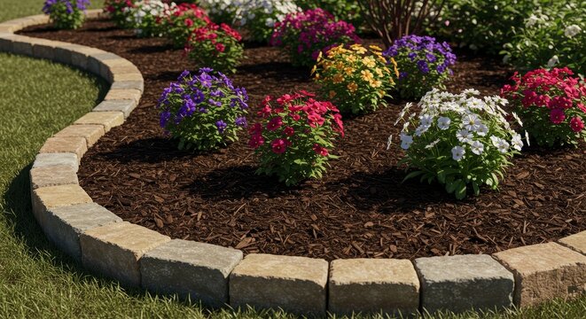 Curving Garden Bed with Stone Edging - A beautiful curved garden bed showcasing a variety of colorful flowers, neatly edged with stone blocks and mulched with dark brown wood chips