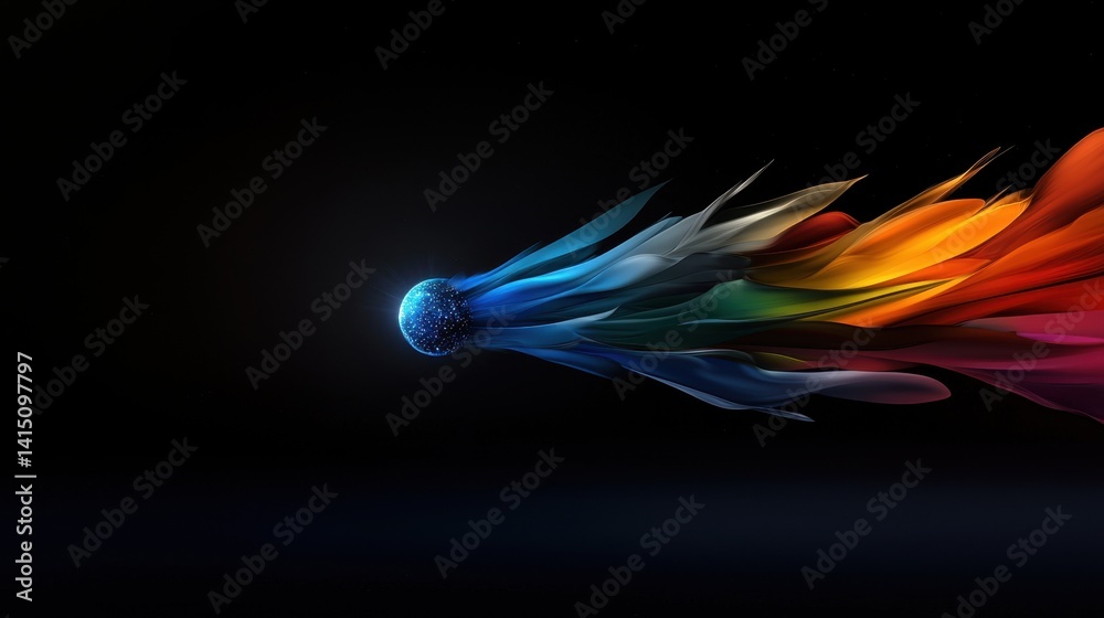 Poster abstract digital composition showcases a luminous sphere surrounded by streams of vibrant colors, cr